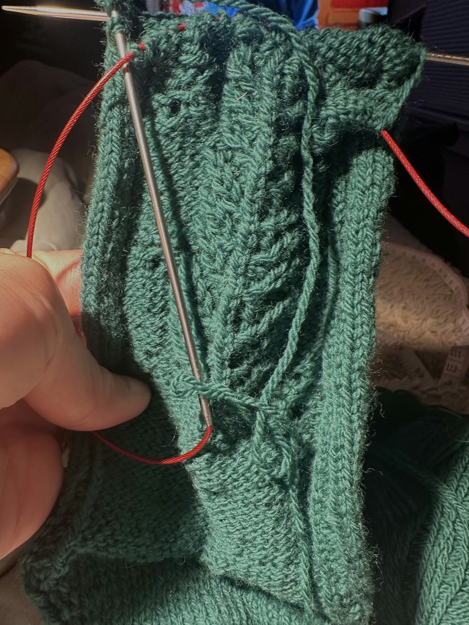 Working on a pair of dark green socks 