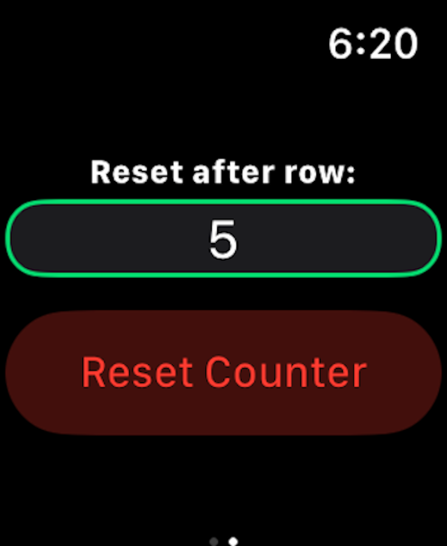 Screenshot of the Settings face on the Apple Watch app ArisaKnits Row Counter 